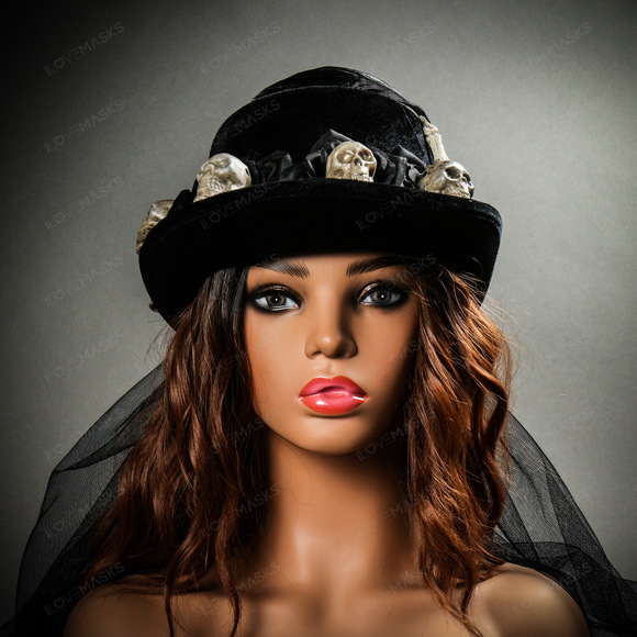 Halloween Skeleton Hand Skull Top Hat with Rose - Black - Picture 8 of 10